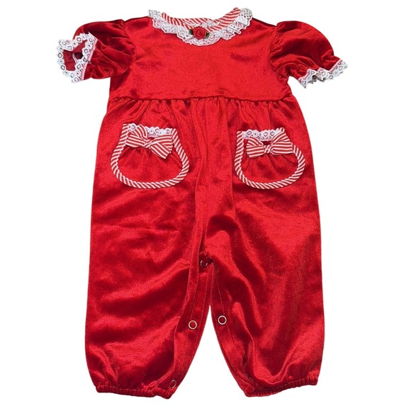 Evy Other - Vintage Evy Red Velvet Baby Romper Candy Stripe Infant Holiday Outfit Lace Sz 3M